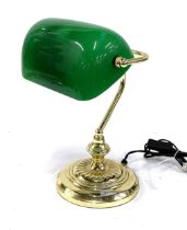 A gilt metal bankers lamp with green glass shade, 35cmH