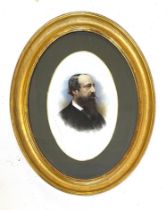 A 19th century portrait on porcelain of a bearded gentleman (af), in gilt gesso oval frame, 28x18cm