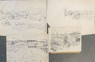 Four pen and ink landscape/townscape studies, the largest 33x42cm; together with a further sketch on