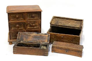 Two Indian hardwood pen boxes; together with a six drawer specimen cabinet, 32cmH, and one other box