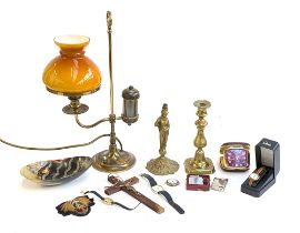 A mixed lot to include brass table lamp; figural brass table lamp base; Limit wristwatches; early