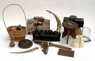 A mixed lot to include Indian carved wooden folding miniature table, Industrial glass light dome,