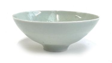 A studio pottery celadon crackle glaze bowl, stamped E to base, 20cmD