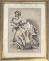 19th century mezzotint, mother protecting her child, heightened in white, 58x40cm