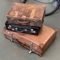 A small vintage leather gents case; together with two other suitcases