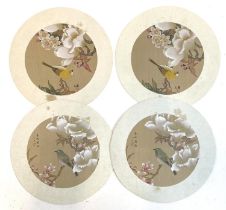 A set of four Chinese roundels, gouache on silk, depicting songbirds on branches, 17cmD, overall