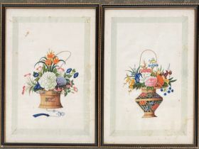 A pair of late 19th/early 20th century Chinese gouache on parchment paintings of flower baskets,