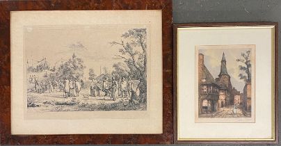 An 18th century etching of a village fair, c. 1773, 17x36cm; together with a coloured etching of a