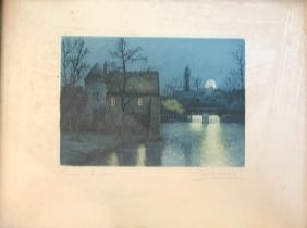 A signed aquatint by Marcel Augis, the plate 14x19.5cm; together with a set of six hand coloured
