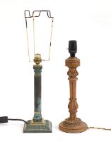 A carved wooden table lamp, 29cmH to base of fitting; together with a patinated bronze style