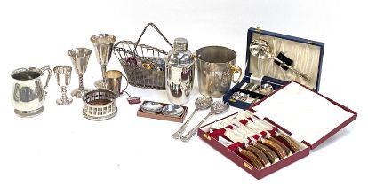 A mixed lot of plated items to include cocktail shaker; wine bucket; wine coaster; antler handled