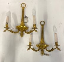 A pair of brass twin arm wall sconces, with acanthus detail, 40cmH