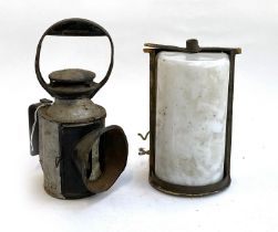 An antique railway lamp, the burner marked Sherwoods, 32cmH, together with a milk glass railway