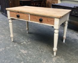 A 19th century and later pine topped farmhouse kitchen table, two drawers, on white painted turned