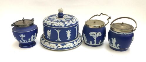 A quantity of Wedgwood Jasperware, comprising three biscuit barrels, and a cheese cloche (repair