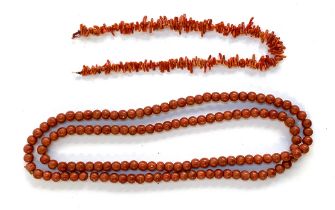 A long apple coral bead necklace, each bead approx. 0.9cmD, 53cmL; together with a branch coral