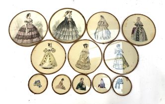 A set of glass place mats and coasters featuring cuttings of 19th century hand coloured fashion