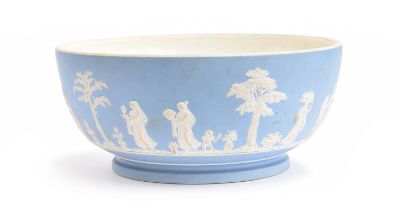 A large 19th Century Wedgwood Jasperware bowl, decorated with the 'Sacrifice' scene on a pale blue