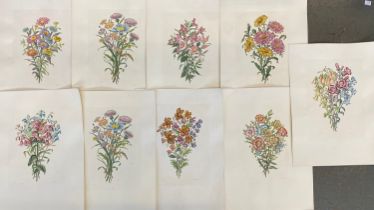 A lot of nine hand coloured floral engravings, the plate 29x21cm, the sheets 44x32cm