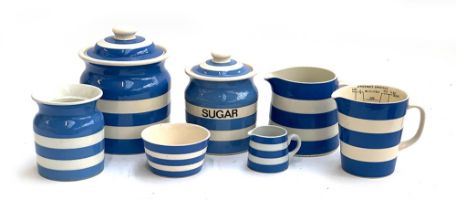Quantity of blue and white T.G Green Cornishware ceramics, to include measuring jug 12.5cmH,