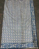 A long pair of lined chintz curtains, blue interlocking pattern, 240cm wide ungathered, 336cm drop