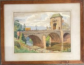 A 20th century watercolour of Monnow Bridge, Monmouth, Wales, 27x37cm