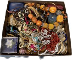 A large mixed lot of jewellery to include paste bib necklace; coral necklace; rolled gold cocktail w