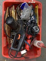 A mixed box of tools to include electric sander, door handles, etc