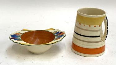 A Clarice Cliff crocus bowl, 17cmW, together with a Susie Cooper tankard, 13cmH