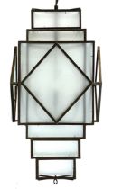 Interior design interest: a wrought metal and frosted glass Art Deco style geometric hanging