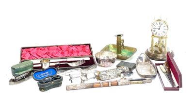 A mixed lot to include Lennie Edinburgh cased opera glasses; Torsion clock; silver topped clothes