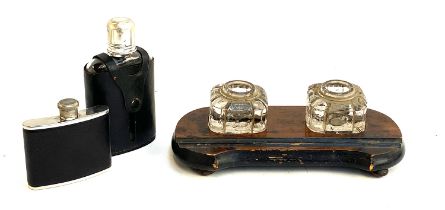 Two hip flasks together with a 19th century ink stand with two glass inkwells