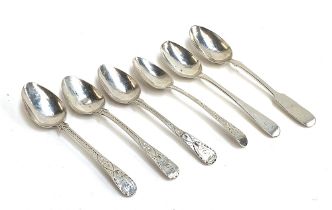 Three Georgian silver bright cut Old English pattern teaspoons, the terminals monogrammed 'JGR'; a