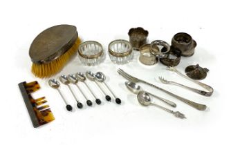 A mixed lot of silver to include a set of six bean terminal coffee spoons; silver sugar tongs; six