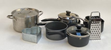 A mixed lot of kitchenalia to include stainless steel Fissler pans