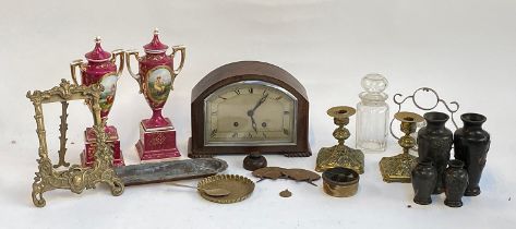 A mixed lot to include four Japanese bronze vases; oak cased mantel clock; Vienna style porcelain