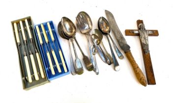 Two boxes of resin handled stainless steel knives, plated flatware, and a crucifix