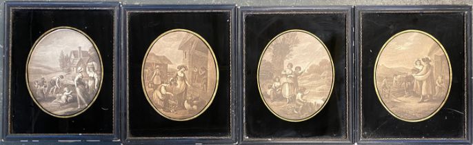 A set of four sepia engravings in oval Verre Eglomise mounts, one with glass cracked. 30x25cm