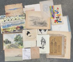 A portfolio various watercolours and sketches, early 20th century, to include pencil drawings,