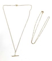 Two 9ct gold chains, one with small T-bar pendant, gross weight 2.1g