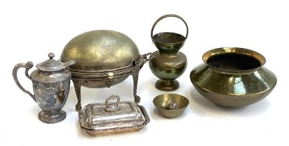 A mixed lot of metal items to include chafing dish, coffee pot, lidded dish etc