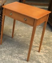 A small side table, with single drawer and square tapered legs, 57x38x69cmH
