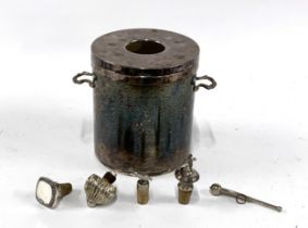 A silver plated wine bucket, 20cmH; together with four wine cork bottle stoppers, one with white