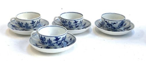 Four blue onion pattern teacups and saucers, stamped Meissen to base