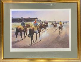 Pete Curling (b.1955), print of horse racing, signed and dedicated in pencil, the plate 44x67cm