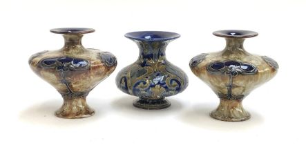 A pair of Royal Doulton stoneware vases of compressed baluster form, 16cm high; together with one