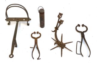 A collection of metal items to include steel sugar loaf cutters; spur; weight; possible horseshoe