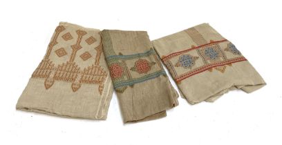 Three mid 20th century Turkish embroidered cotton throws, 90x220cm, 120x280cm