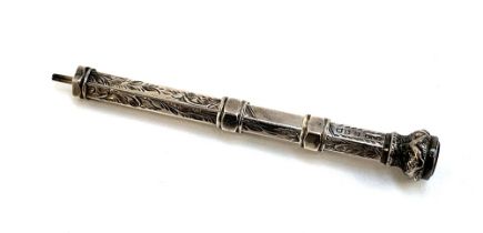 A Victorian silver propelling dual pencil and fountain pen, blank amethyst glass matrix,