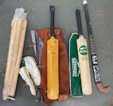 A vintage Slazenger canvas cricket bag; a pair of Boundary shoes; Slazenger cricket bat; Gunn &